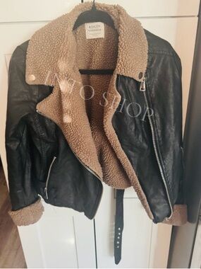 Black Faux Leather Jacket with Taupe Sherpa Lining